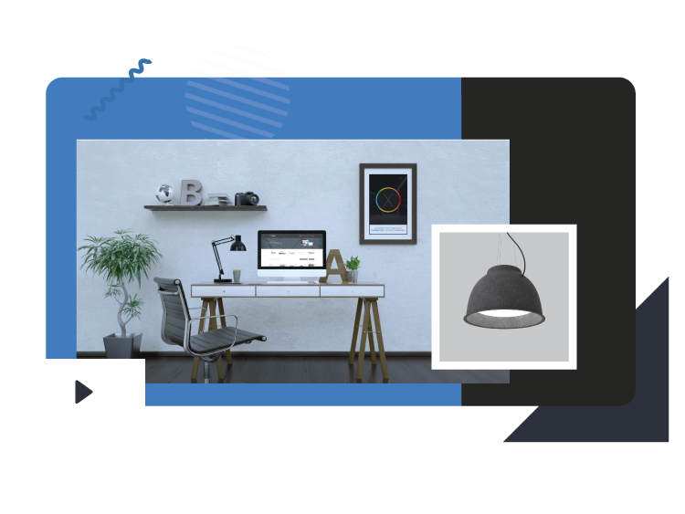 desk with computer, play video icon, downlight product